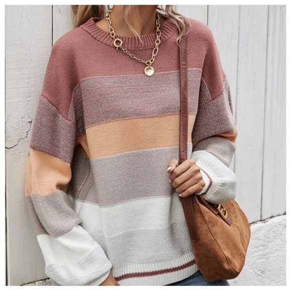BOHO LOOSE FIT STRIPED COLOR BLOCK KNIT PULLOVER - Picture 5 of 6